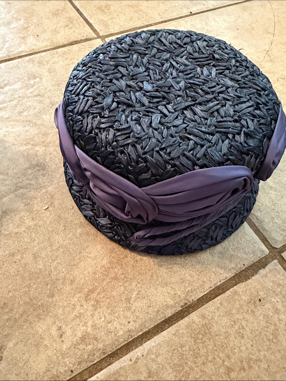 Vintage Lazarus Textured Black Straw Cloche Hat with Purple Band